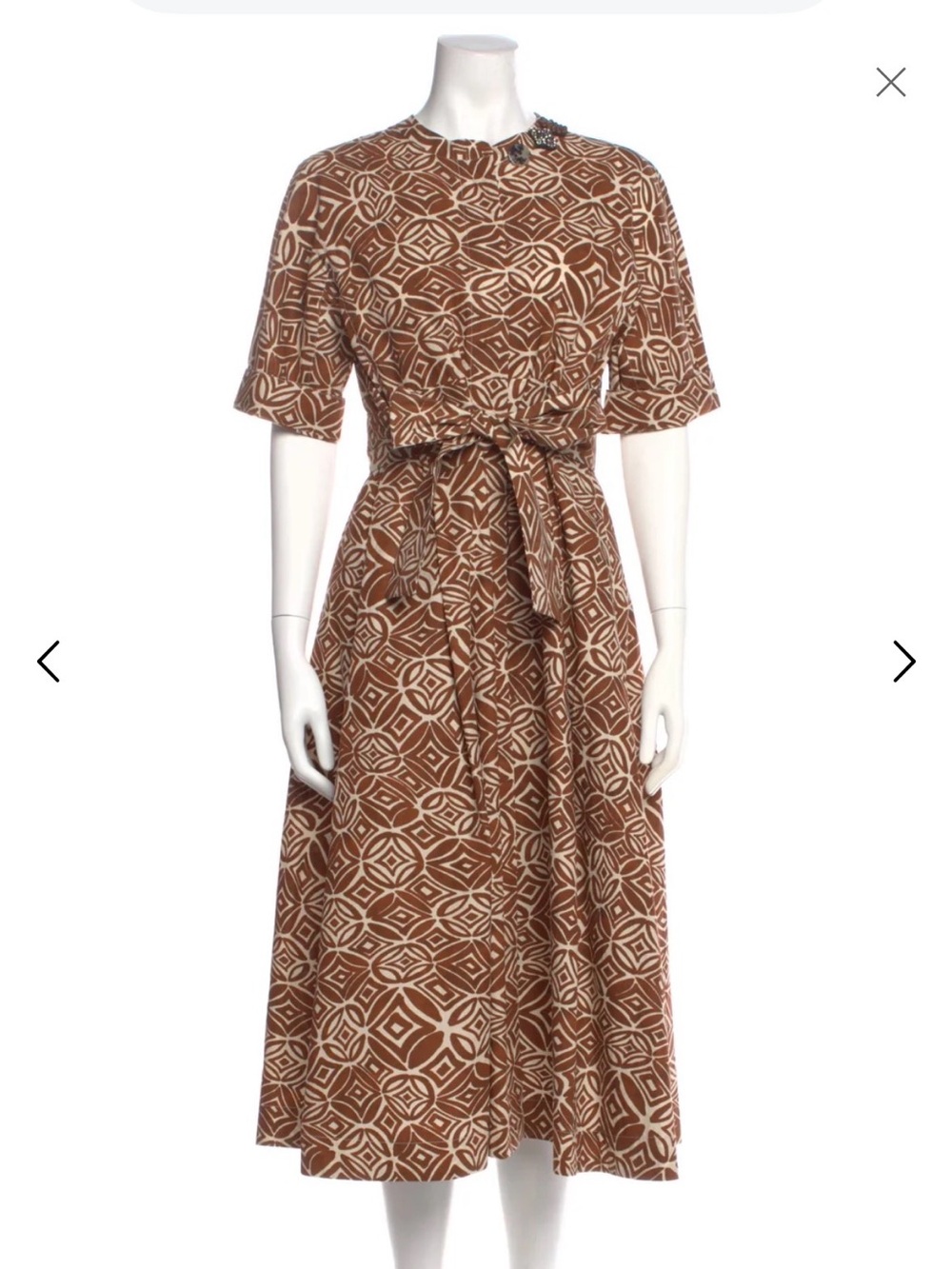 MaxMara Brown & Cream Geometric Tie-Waist Midi Dress